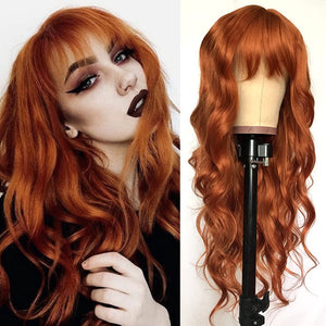 Ginger Orange Color Loose Wave Hair Replacement Wigs for Fashion Women Heat Resistant Synthetic No Lace Wigs with Full Bangs