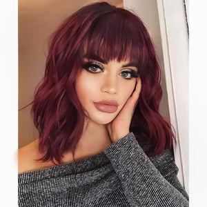 Curly Bob Wig with Bangs Short Wavy Wine Red Color Wigs for Women Bob Style Synthetic Heat Resistant Bob Wigs