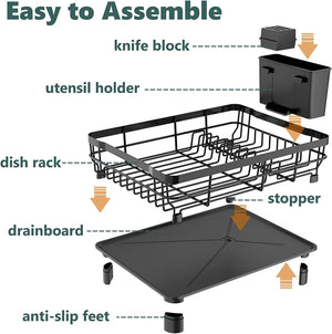 Iron Dish Drying Rack with Drainboard Dish Drainers for Kitchen Counter Sink Adjustable Spout Dish Strainers with Utensil Holder and Knife Slots, Black