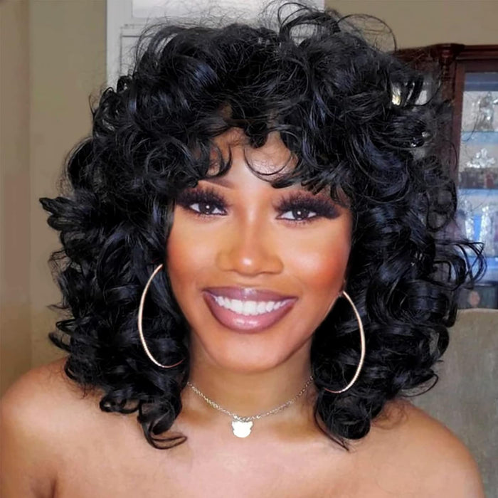 Curly Wigs for Black Women Soft Black Short Curly Wig with Bangs Afro Loose Curls Heat Resistant Synthetic Wig for African American Women (Black)