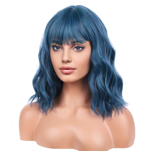 Blue Wig Short Curly Wig for Women Mix Blue Wigs with Bangs Synthetic Wig Dark Blue Wigs with Wig Cap