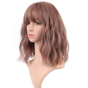 Rattan Short Natural Wavy Wig with Air Bangs Shoulder Length Curly Cosplay Synthetic Wig Bob Wig for Girl and Women'S Colorful Wigs(12",Rattan-B)