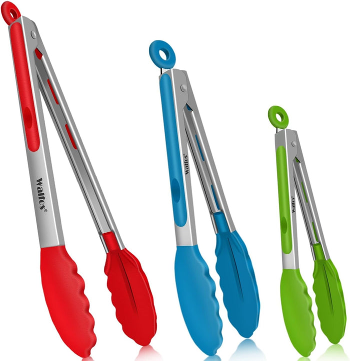 Tongs -Stainless Steel and BPA Free Silicone Tips Set of 3 (7, 9 and 12 Inch)