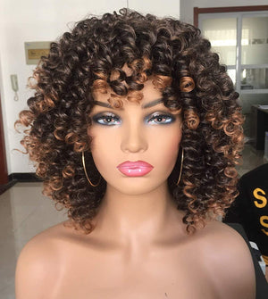 Short Curly Wig for Black Women with Bangs Big Bouncy Fluffy Kinky Curly Wig Heat Resist Soft Synthetic 2Tone Ombre Darkest Brown Short Curly Afro Wig