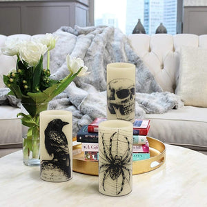 Halloween Flickering Candles with Skull, Spider Web, Crow Raven Decals Set of 3