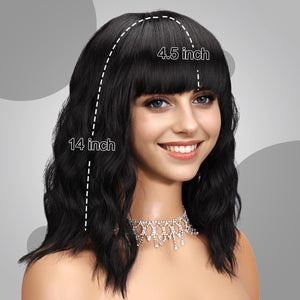 Short Wavy Black Wig with Bangs Bob Short Charming Curly Wavy Wig Women Synthetic Natural Looking Heat Resistant Fiber Hair for Women 14 Inch