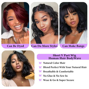 Body Wave V Part Wig Short Brazilian Virgin Human Hair Wigs for Black Women Thin Part Wig Glueless Clip in Half Wig Upgrade U Part Wig Beginner Friendly No Sew in No Glue 180% Density 8Inch