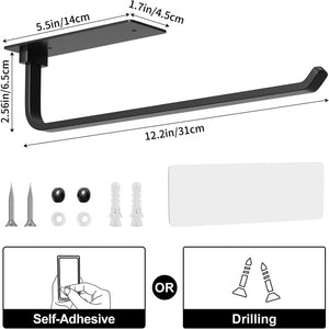 Paper Towel Holder - Self-Adhesive or Drilling, Matte Black Paper Towel Rack under Cabinet for Kitchen, Upgraded Aluminum Kitchen Roll Holder - Lighter but Stronger than Stainless Steel!