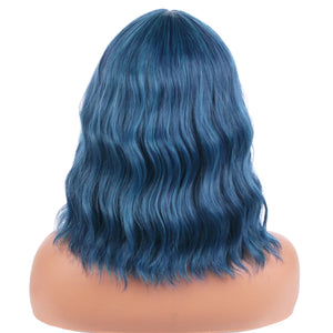 Blue Wig Short Curly Wig for Women Mix Blue Wigs with Bangs Synthetic Wig Dark Blue Wigs with Wig Cap