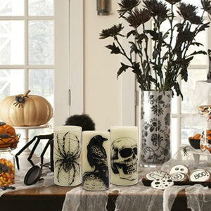 Halloween Flickering Candles with Skull, Spider Web, Crow Raven Decals Set of 3