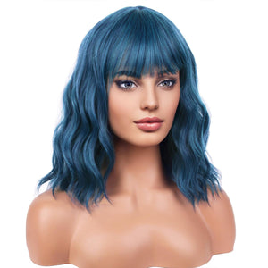 Blue Wig Short Curly Wig for Women Mix Blue Wigs with Bangs Synthetic Wig Dark Blue Wigs with Wig Cap