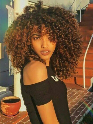 Short Curly Wig for Black Women with Bangs Big Bouncy Fluffy Kinky Curly Wig Heat Resist Soft Synthetic 2Tone Ombre Darkest Brown Short Curly Afro Wig