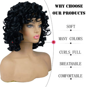 Curly Wigs for Black Women Soft Black Short Curly Wig with Bangs Afro Loose Curls Heat Resistant Synthetic Wig for African American Women (Black)