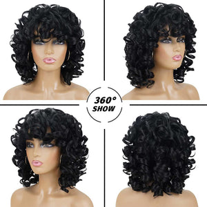 Curly Wigs for Black Women Soft Black Short Curly Wig with Bangs Afro Loose Curls Heat Resistant Synthetic Wig for African American Women (Black)