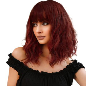 Short Wavy Black Wig with Bangs Bob Short Charming Curly Wavy Wig Women Synthetic Natural Looking Heat Resistant Fiber Hair for Women 14 Inch