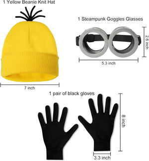 3 Pcs Halloween Costume Goggles Glasses/Yellow Beanie/Gloves for Men Women