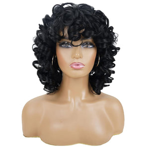 Curly Wigs for Black Women Soft Black Short Curly Wig with Bangs Afro Loose Curls Heat Resistant Synthetic Wig for African American Women (Black)