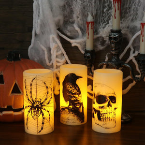 Halloween Flickering Candles with Skull, Spider Web, Crow Raven Decals Set of 3