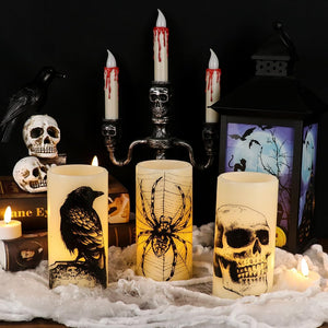 Halloween Flickering Candles with Skull, Spider Web, Crow Raven Decals Set of 3