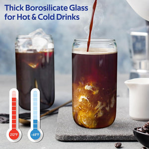 4 Set Glass Cups with Lids and Straws 16 Oz, Glasses Drinking Set, Iced Coffee Cup with Bamboo Lids, Drinking Glasses Tumbler with Straw and Lid, Glass Can Coffee Cups, Drinking Glassware, 2 Brushes