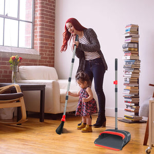 Broom and Dustpan Set for Home, Stand up Broom and Dustpan Combo for Office, Indoor&Outdoor Sweeping (Black&Red)