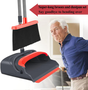 Broom and Dustpan Set for Home, Stand up Broom and Dustpan Combo for Office, Indoor&Outdoor Sweeping (Black&Red)