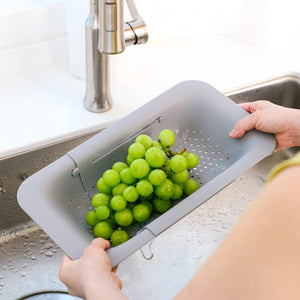 over the Sink Colander Strainer Basket - Wash Vegetables and Fruits, Drain Cooked Pasta and Dry Dishes - Extendable - New Home Kitchen Essentials (7.9W X 14-19L X 2.75H) - Gray