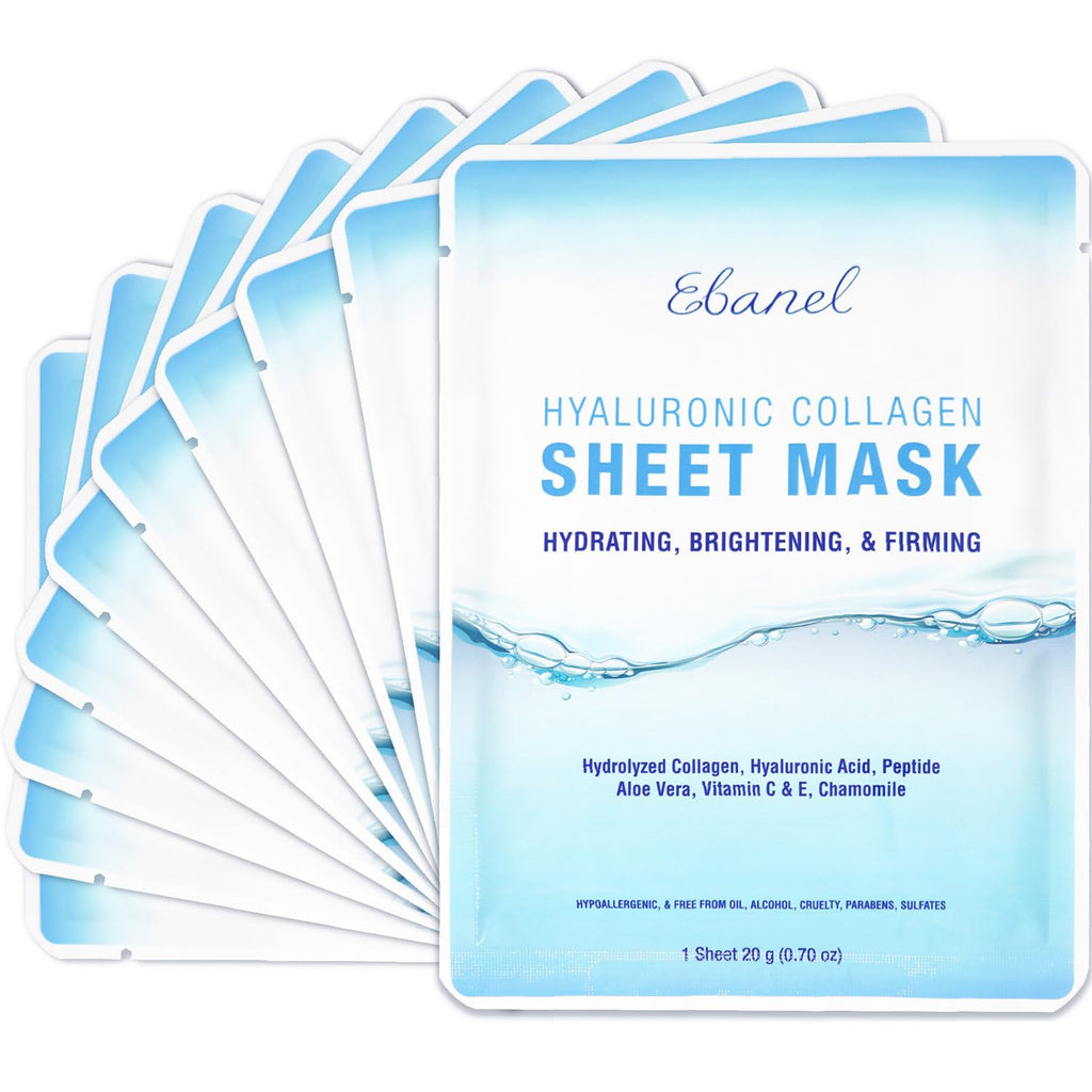 Ebanel 10 Pack Collagen Face Mask, Instant Brightening & Hydrating Face Sheet Mask with Aloe Vera