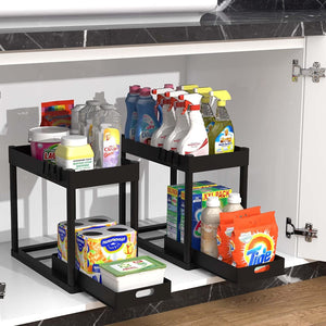 2 Tier Under Sink Sliding Organizer with 4 Hooks - 2 pc