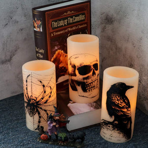 Halloween Flickering Candles with Skull, Spider Web, Crow Raven Decals Set of 3