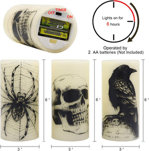 Halloween Flickering Candles with Skull, Spider Web, Crow Raven Decals Set of 3