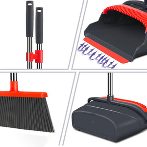 Broom and Dustpan Set for Home, Stand up Broom and Dustpan Combo for Office, Indoor&Outdoor Sweeping (Black&Red)