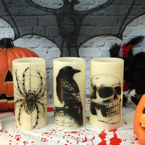 Halloween Flickering Candles with Skull, Spider Web, Crow Raven Decals Set of 3