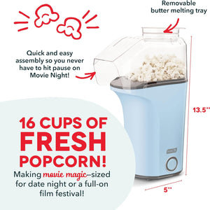 Hot Air Popcorn Popper Maker with Measuring Cup to Portion Popping Corn Kernels + Melt Butter, 16 Cups - Dream Blue