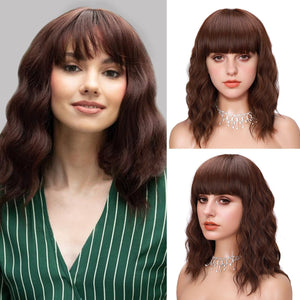 Short Wavy Black Wig with Bangs Bob Short Charming Curly Wavy Wig Women Synthetic Natural Looking Heat Resistant Fiber Hair for Women 14 Inch