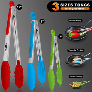 Tongs -Stainless Steel and BPA Free Silicone Tips Set of 3 (7, 9 and 12 Inch)