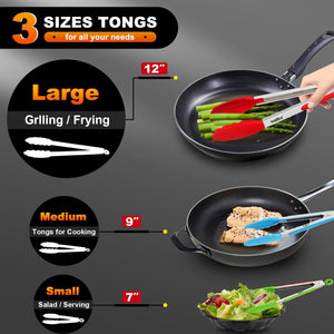 Tongs -Stainless Steel and BPA Free Silicone Tips Set of 3 (7, 9 and 12 Inch)