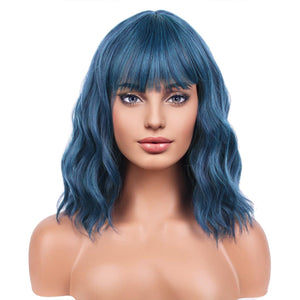 Blue Wig Short Curly Wig for Women Mix Blue Wigs with Bangs Synthetic Wig Dark Blue Wigs with Wig Cap