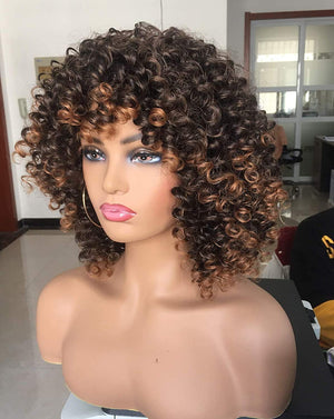 Short Curly Wig for Black Women with Bangs Big Bouncy Fluffy Kinky Curly Wig Heat Resist Soft Synthetic 2Tone Ombre Darkest Brown Short Curly Afro Wig