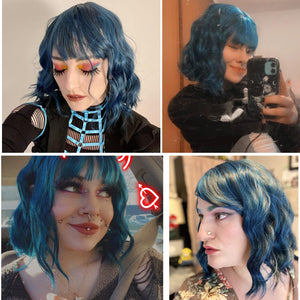 Blue Wig Short Curly Wig for Women Mix Blue Wigs with Bangs Synthetic Wig Dark Blue Wigs with Wig Cap