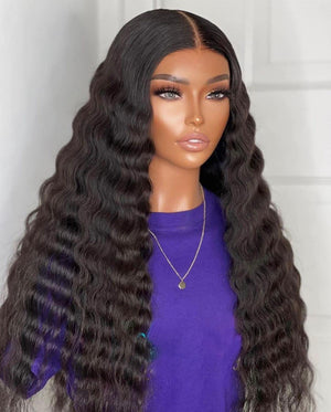 28 Inch Long Curly Synthetic Hair Wigs for Women Black Lace Front Wig Synthetic Curly Wigs Deep Wave Wig with 4" Simulated Scalp Natural Crimps Curls Hair Replacement Wigs for Daily Party Use 1B#