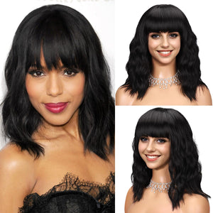 Short Wavy Black Wig with Bangs Bob Short Charming Curly Wavy Wig Women Synthetic Natural Looking Heat Resistant Fiber Hair for Women 14 Inch