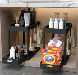 2 Tier Under Sink Sliding Organizer with 4 Hooks - 2 pc