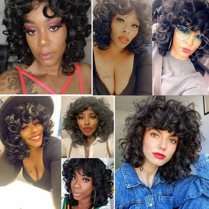 Curly Wigs for Black Women Soft Black Short Curly Wig with Bangs Afro Loose Curls Heat Resistant Synthetic Wig for African American Women (Black)