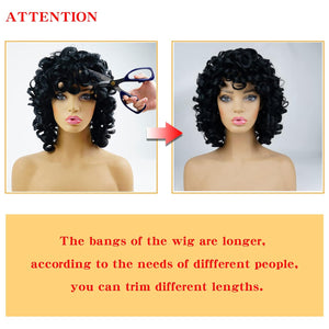 Curly Wigs for Black Women Soft Black Short Curly Wig with Bangs Afro Loose Curls Heat Resistant Synthetic Wig for African American Women (Black)