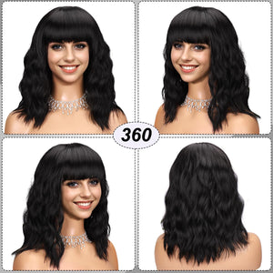 Short Wavy Black Wig with Bangs Bob Short Charming Curly Wavy Wig Women Synthetic Natural Looking Heat Resistant Fiber Hair for Women 14 Inch