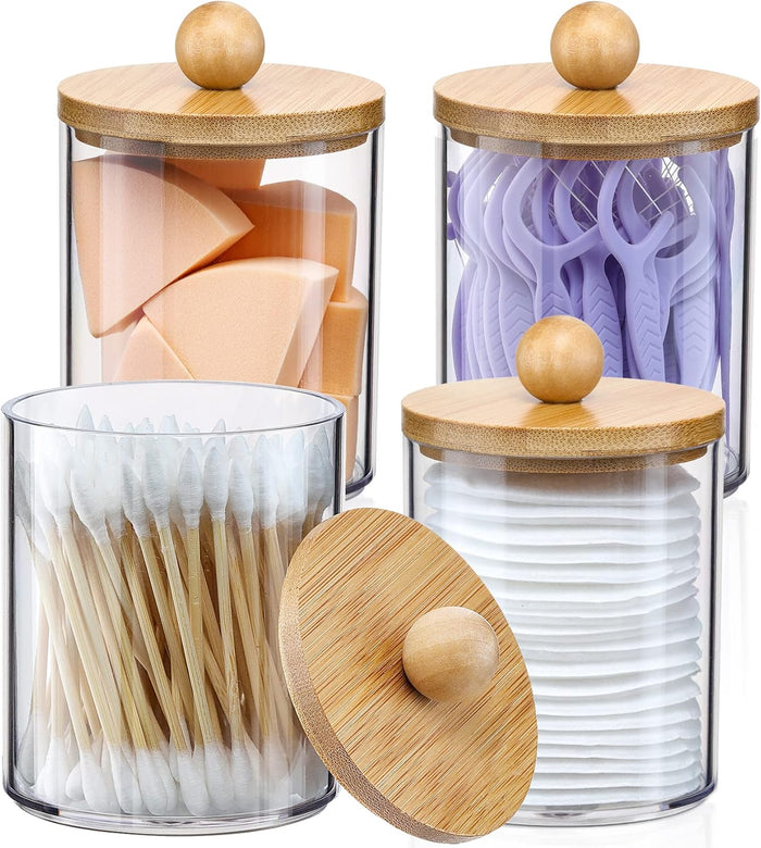 4 Pack Qtip Holder Dispenser with Bamboo Lids