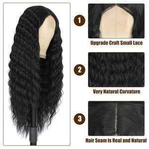 28 Inch Long Curly Synthetic Hair Wigs for Women Black Lace Front Wig Synthetic Curly Wigs Deep Wave Wig with 4" Simulated Scalp Natural Crimps Curls Hair Replacement Wigs for Daily Party Use 1B#