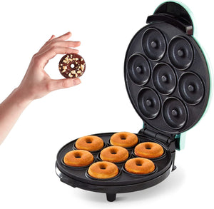 Mini Donut Maker Machine for Kid-Friendly Breakfast, Snacks, Desserts & More with Non-Stick Surface, Makes 7 Doughnuts - Aqua