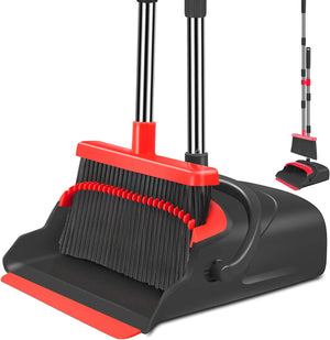 Broom and Dustpan Set for Home, Stand up Broom and Dustpan Combo for Office, Indoor&Outdoor Sweeping (Black&Red)